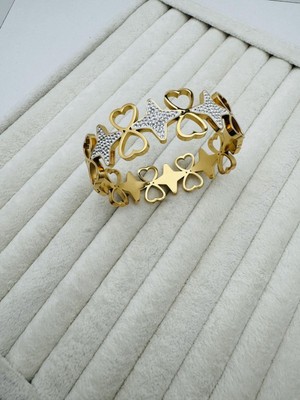 Gly Çlk Bijuteri Yıldız Detaylı Kalpli Çelik Kelepçe (Gold) 1985