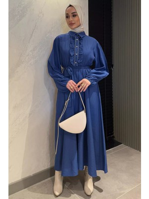 Julude Yaka Fırfır Ve Taş Detaylı Bel Kuşaklı Kadın Tesettür Elbise P-00015178