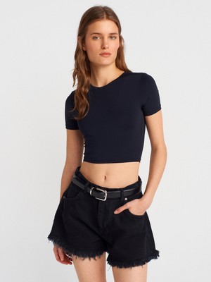 31175 Bisiklet Yaka Crop Top-Siyah