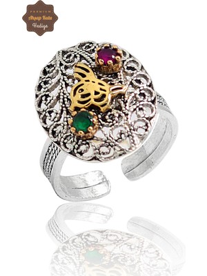 Midyat Nurtaş Gümüş Yakut ve Zümrüt Taşlı Tuğra Model El Işçiliği 925 Ayar Gümüş Telkari Yüzük 201023856