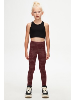 Bordo Flamingo Desenli Kız Çocuk Örme Kışlık Tayt