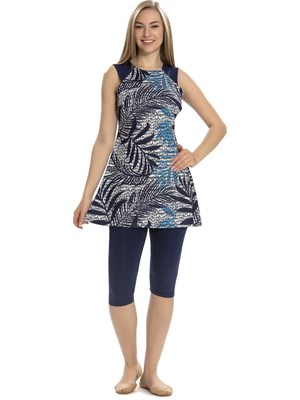 Kadın Lacivert Kolsuz Damla Desenli Yarı Kapalı Taytlı Mayo HZL25S-AR157/512