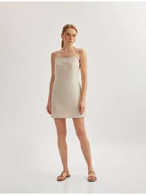 Koton Viskon-Keten Karışımlı Ince Askılı Kolsuz Sırt Dekolteli Mini Elbise