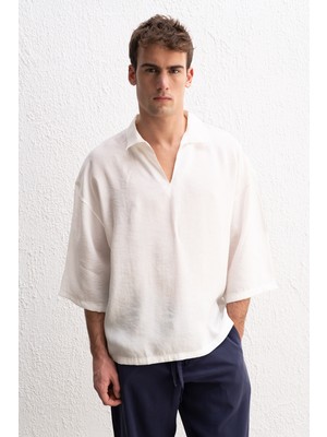 Giesto Dökümlü Oversıze Beyaz Gömlek