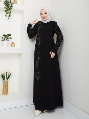 Belfü Kadın Büyük Beden Taşlı Etamin Kumaş Ferace