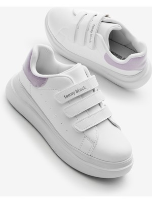 Tonny Black Çocuk Unisex Beyaz Lila Eva Faylon Taban Üç Cırtlı Spor Ayakkabı