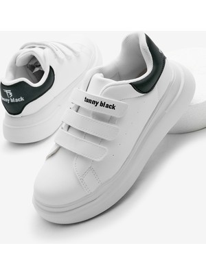 Çocuk  Beyaz Siyah Eva Faylon Taban Üç Cırtlı Spor Ayakkabı