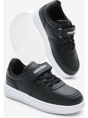 Tonny Black Çocuk Unisex Siyah Beyaz Termo Taban Cırtlı Lastik Bağcıklı Spor Ayakkabı