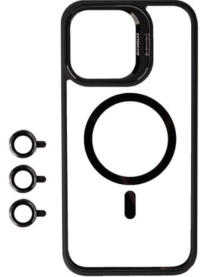 ZORE Apple iPhone 15 Pro Kılıf Magsafe Wireless Şarj Özellikli Standlı Magsafe Klon Lensli Kapak-Siy