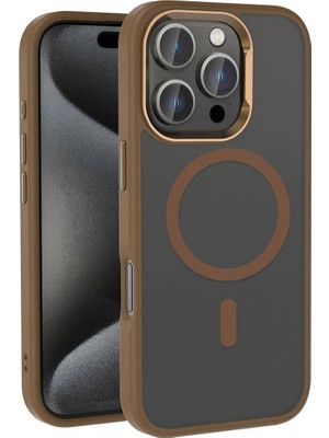 ZORE Apple iPhone 16 Pro Kılıf Magsafe Şarj Özellikli Parlak Kamera Çerçeveli Kost Kapak-Rose Brown-