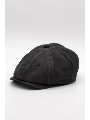 Erkek Denim Ingiliz Newsboy Kasket - Siyah Kot Şapka | Standart Fit/esnek