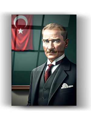 Zera Wall Mustafa Kemal Atatürk 3D Illüstrasyon Portre Cam Tablo- Ev ve Ofis Dekorasyonu-Hediyelik-Dekoratif-Modern-Atatürk