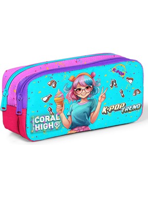 Coral High Kids Pembe Turkuaz K-Pop Desenli Iki Bölmeli Kalem Çantası 12118