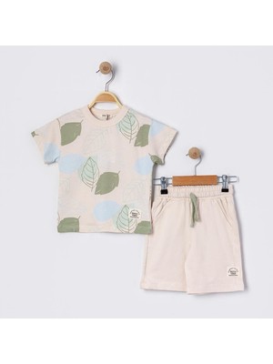 Kıpırık Baby Erkek Çocuk Bej Yaprak Desenli  Basic Tişörtlü Şortlu Takım