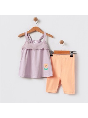 Kıpırık Baby Kız Bebek Çocuk Lila Dantel Asesuarlı Tişört Taytlı Takım