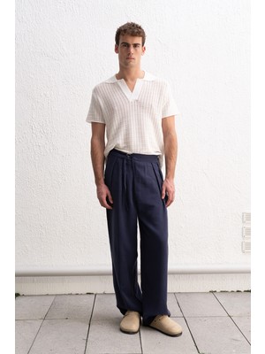 Giesto Dökümlü Kemer Detaylı Lacivert Pantolon