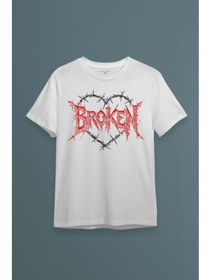 Unisex T-Shirt Broken Hearts Gothic Y2K Yazı Baskılı Beyaz Tişört