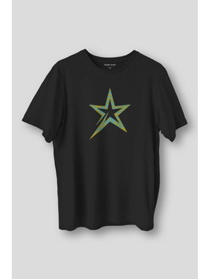 Star Y2K Colorful Renkli Yıldız Baskılı Siyah Tişört Unisex T-Shirt