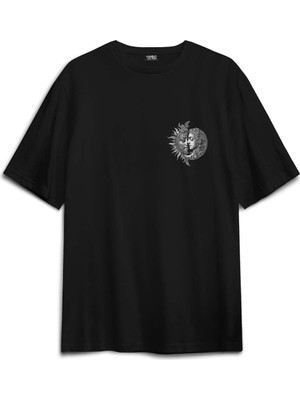 Celestal Balance Sun And Moon Güneş ve Ay Astroloji Ying Yang Baskılı Oversize T-Shirt Siyah Tişört