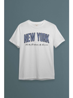 Unisex Beyaz Tişört New York City Şehir Yazı Baskılı T-Shirt