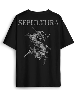 Siyah Oversize Tişört Sepultura Cavalera Metal Rock Music Brazil Sırt Ön Baskılı Unisex T-Shirt