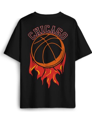 Siyah Oversize Tişört Basketbol Spor Basketball Chicago Yazı Sırt Ön Baskılı Unisex T-Shirt