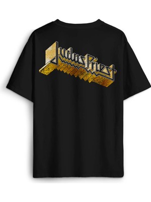 Siyah Oversize Tişört Tişört Judas Priest Heavy Metal Rock Müzik Sırt Ön Baskılı Unisex T-Shirt