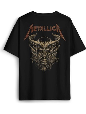 Siyah Oversize Tişört Metallica Sargı Canavar Skull Vintage Korku Sırt Ön Baskılı Unisex T-Shirt