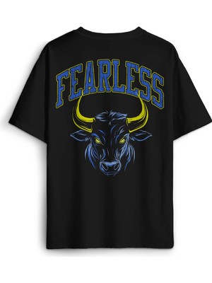 Fearless Boğa Bull 1907 Sarı Lacivert Korkusuz Yazı Baskılı Oversize T-Shirt Siyah Unisex Tişört