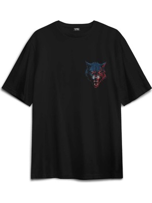 Siyah Oversize Tişört Bordo Mavi Kurt Wolf Red Blue Sırt Ön Baskılı Unisex T-Shirt