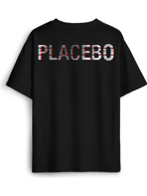 Siyah Oversize Tişört Glitch Placebo Music Molko Rock Müzik Beyaz Sırt Ön Baskılı Unisex T-Shirt