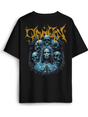 Siyah Oversize Tişört Omen Gotik Skull Gothic Corpse Bride Sırt Ön Baskılı Unisex T-Shirt