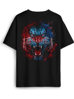 Tiger Bordo Mavi Kaplan Tasarım Baskılı Oversize T-Shirt Siyah Unisex Tişört
