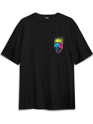 Oversize T-Shirt Punk Is Not Dead Guitar Mohawk Rock Music Gitar Skull Baskılı Siyah Unisex Tişört