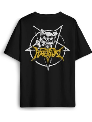 Aggretsuko Agresif Retsuko Gotik Japon Anime Manga Metal Gothic Baskılı Oversize T-Shirt Siyah Tişört
