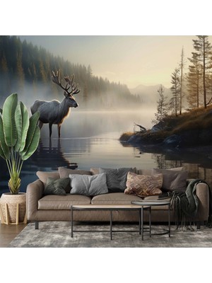 Göl Üzerinde Geyik Manzaralı Duvar Kağıdı