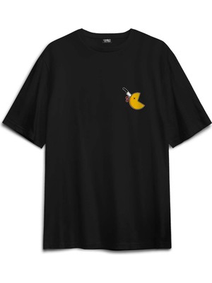 Siyah Oversize Tişört Among Us Pacman Hallowen Korku Film Oyun Sırt Ön Baskılı Unisex T-Shirt