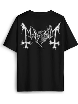 Black Metal Mayhem Music Rock Pamuklu Baskılı Oversize T-Shirt Siyah Unisex Tişört