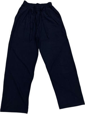 Büyük Beden Bürümcük Kumaş Beli Lastikli Geniş Paçalı Siyah Kadın Pantolon