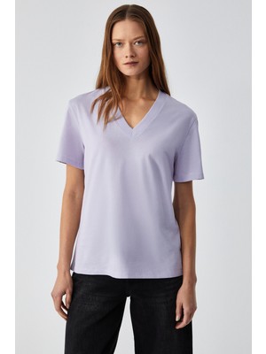 Grimelange Alıne Kadın  Organik Pamuk Derin V Yakalı Comfort Fit Lila T-Shirt