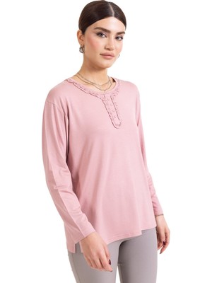 Mutlu City Yeni Sezon Kadın Orta Yaş ve Üzeri Uzun Kollu Yaka Desenli Likralı Anne Penye Bluz 6390