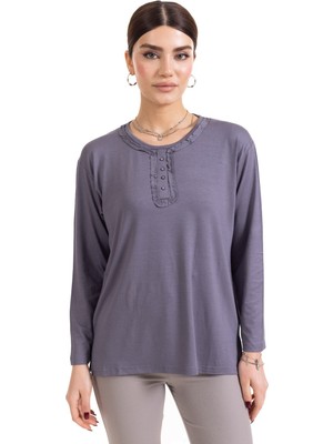 Mutlu City Yeni Sezon Kadın Orta Yaş ve Üzeri Uzun Kollu Yaka Desenli Likralı Anne Penye Bluz 6390