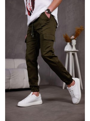 Hend Jogg Paçası ve Beli Lastikli Slim Fit Likralı Keten Kargo Pantolon
