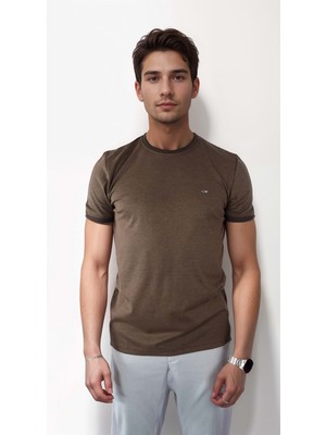 Sıfır Yaka Bisiklet Yaka Likralı Penye Kahve Erkek Tshirt