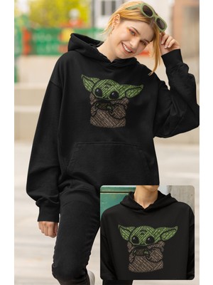 Fuddy Moda Baby Yoda Kaligrafik Baskılı Kapüşonlu Sweatshirt