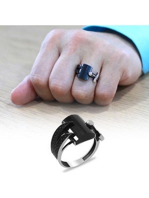 Faset Kesim Siyah Zirkon Taşlı Zülfikar Detaylı 925 Ayar Gümüş Erkek Yüzük