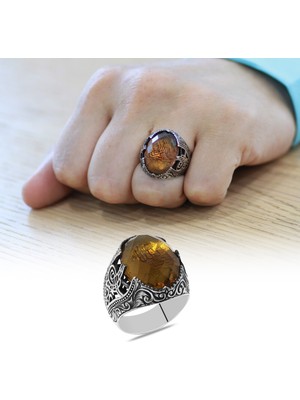 Faset Zultanit Taşlı Hüsn-I Hat Hasbünallah Yazılı 925 Ayar Gümüş Erkek Yüzük