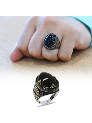 Oval Tasarım Hayat Ağacı Desenli Oniks Taşlı 925 Ayar Gümüş Erkek Yüzük