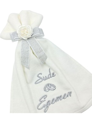 İsimli Yüzük Desenli Ekru Kadife Gelin Alayı Havlusu 30x50 cm
