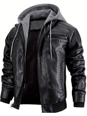 Kapüşonlu Hakiki Deri Dikiş ve Ribana Detaylı Mont